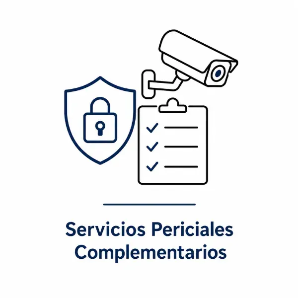 Logo de Servicios Periciales Complementarios con escudo, checklist y cámara de seguridad en azul.