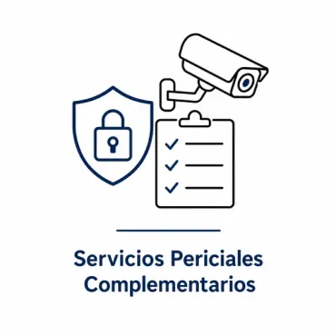 Logo de Servicios Periciales Complementarios con escudo, checklist y cámara de seguridad en azul.