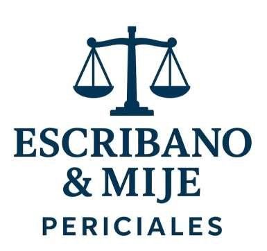Logotipo con balanza de la justicia azul marino sobre el texto “ESCRIBANO & MIJE PERICIALES” sobre fondo blanco.