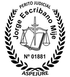 Sello en blanco y negro con la inscripción “Jorge Escrbano Mije, Perito Judicial”, con balanza y “Nº 01881”