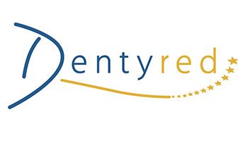 Logotipo dentado. Texto azul y dorado con líneas curvas y estrellas sobre fondo blanco.