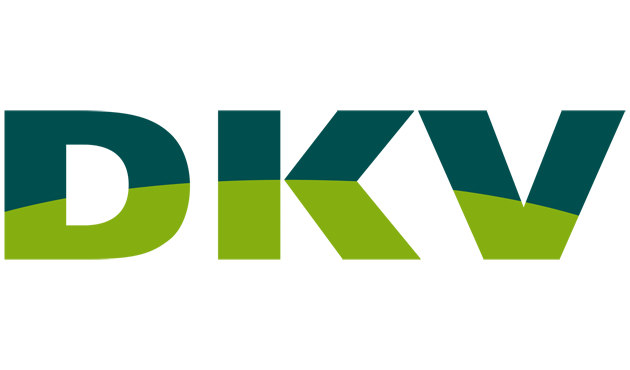 Logotipo de DKV en verde azulado oscuro y verde claro.