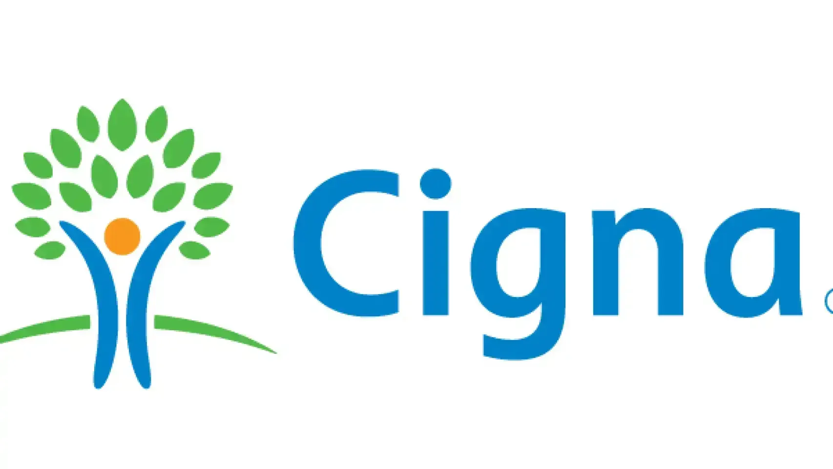 Logotipo de Cigna: un árbol estilizado con una persona dentro, texto azul.