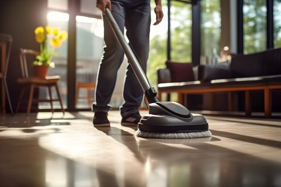 Mitarbeiter der Rebak GmbH saugt Zimmer