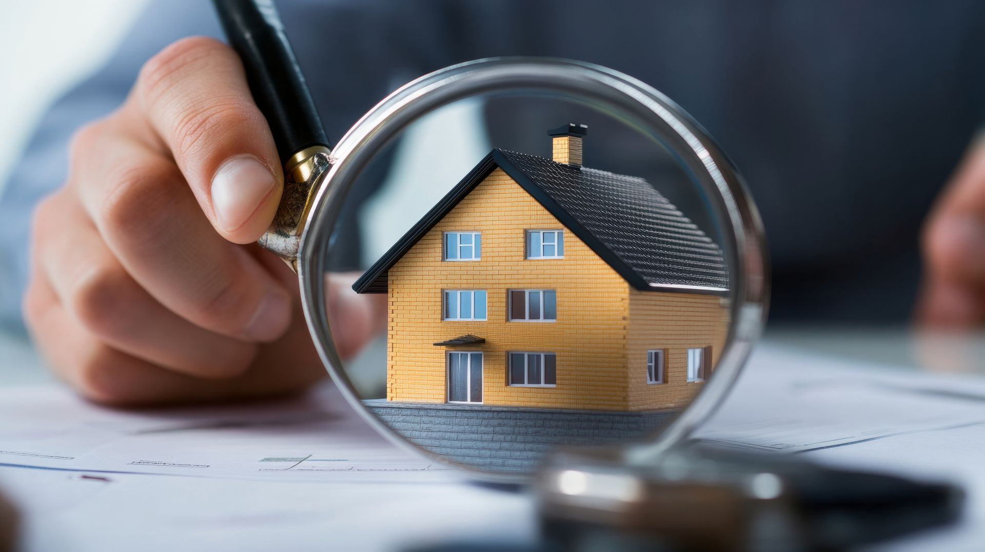 Loupe sur maison miniature et main d'homme tenant un stylo en arrière plan