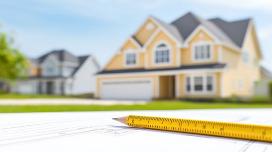 Maison en arrière plan et crayon avec graduations au premier plan