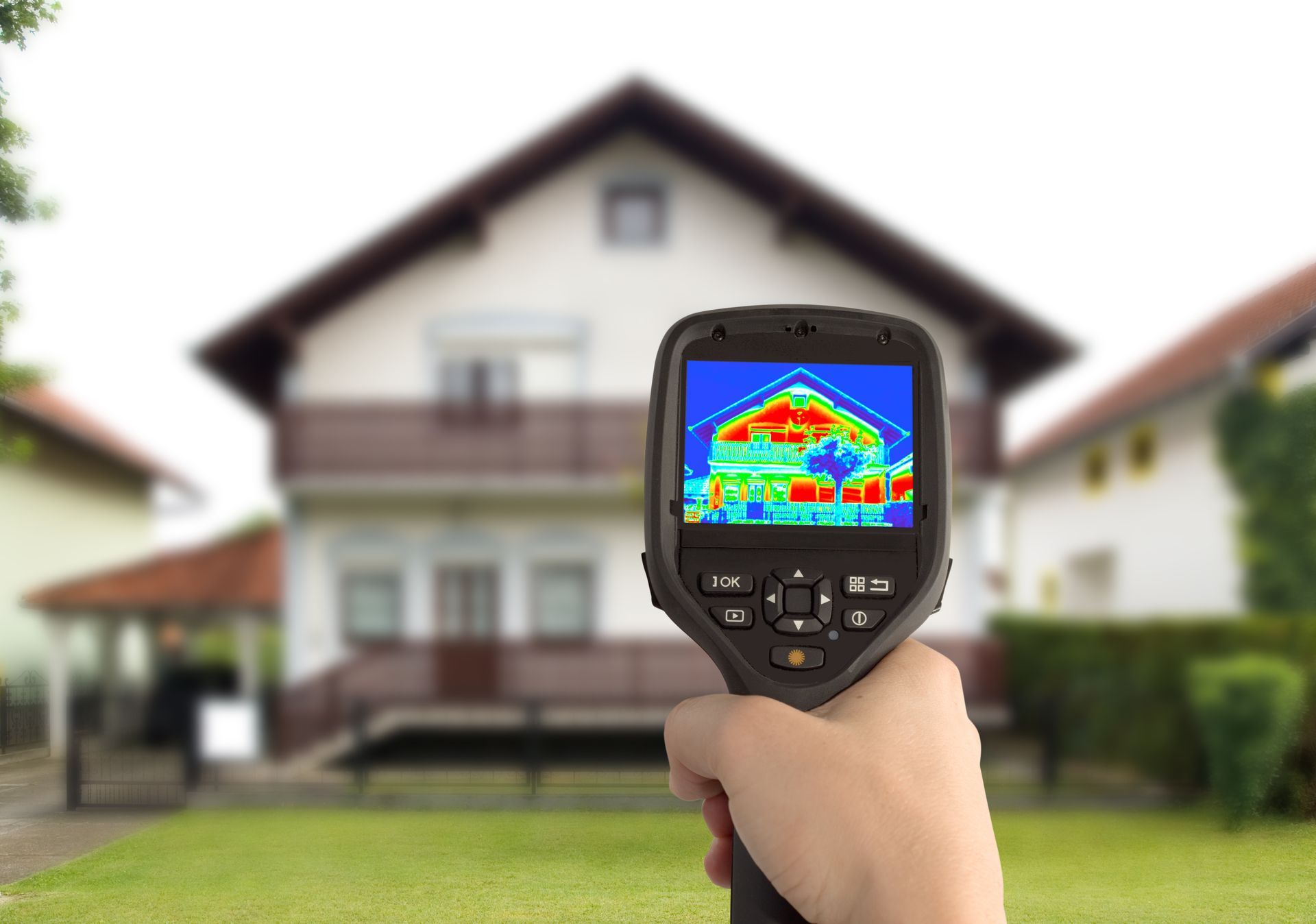 Main pointant une maison avec une caméra thermique infrarouge