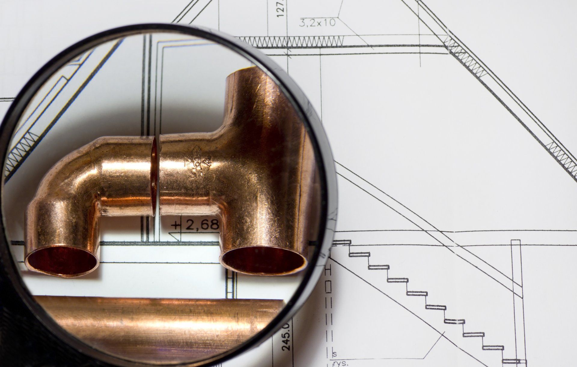 Loupe au-dessus d'un raccord de tuyau en cuivre sur un plan architectural