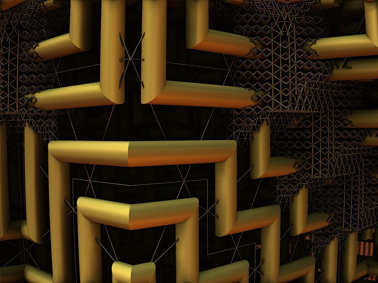 Labyrinthe abstrait en 3D de faisceaux dorés et orange sur fond sombre