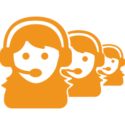 Des icônes orange représentant le service client d'un casque audio, alignées, avec trois silhouettes souriantes s'estompant en arrière-plan.