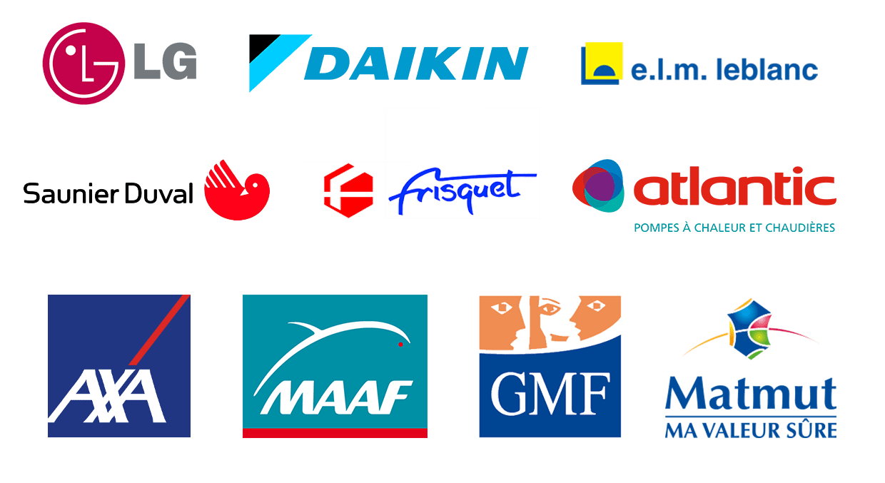 Logos LG, Daikin, ELM Leblanc, Saunier Duval, Frisquet, Atlantic, AXA, MAAF, GMF et Matmut