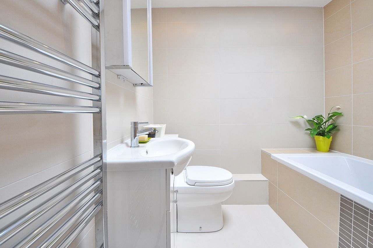 Salle de bain moderne et lumineuse avec lavabo, toilettes, sèche-serviettes et baignoire blanche avec plante