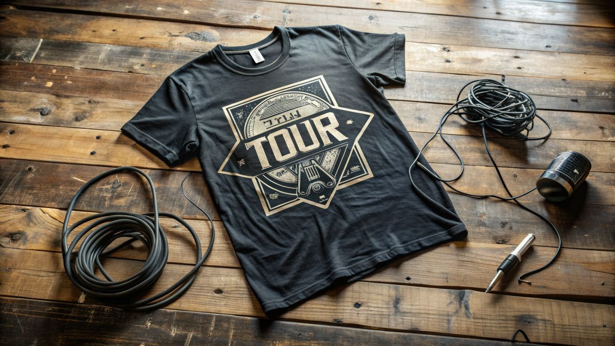 Auf einem Holztisch liegt ein schwarzes T-Shirt mit der Aufschrift „Tour“.