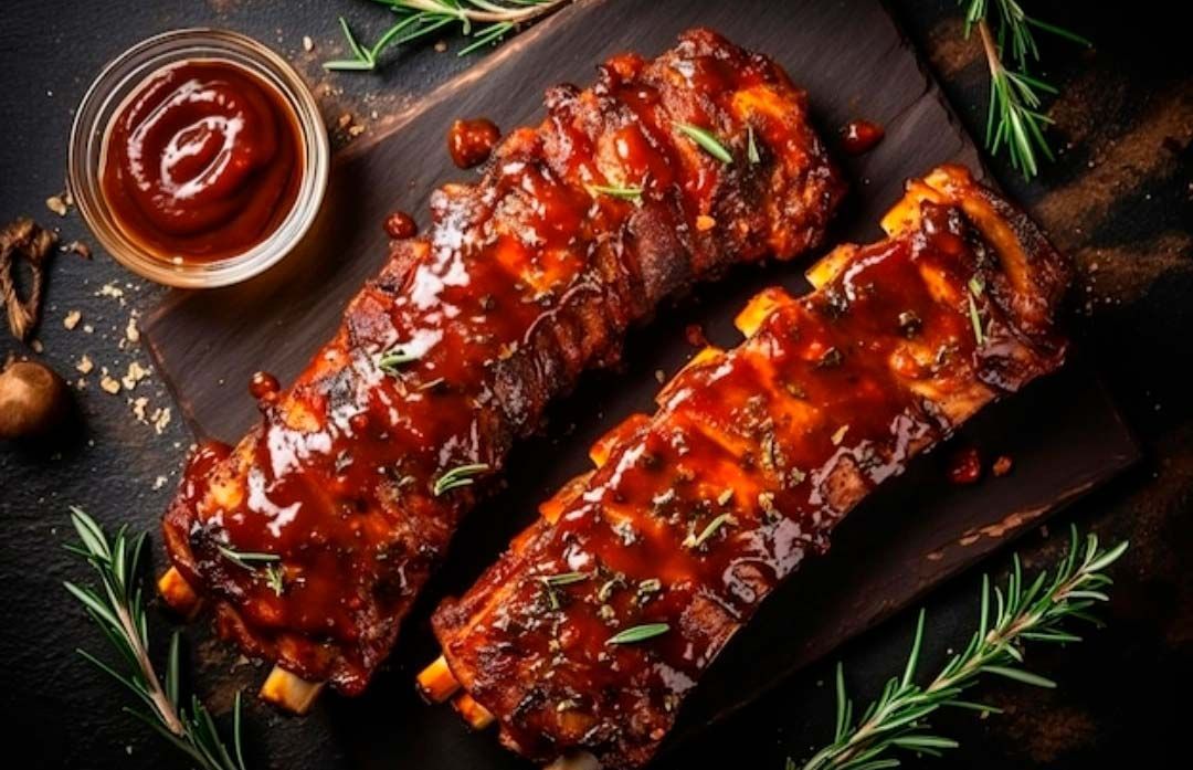 Dos costillas están sobre una tabla de cortar de madera al lado de un tazón de salsa de tomate.