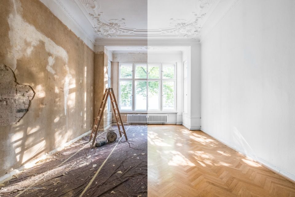 Wohnzimmer vor und nach der Renovierung durch Maler Schrod GmbH