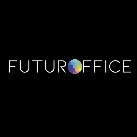 Un logotipo de oficina del futuro con un globo colorido sobre un fondo negro.