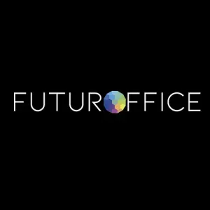 Un logotipo de oficina del futuro con un globo colorido sobre un fondo negro.
