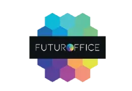 Un logotipo de oficina del futuro con hexágonos de colores sobre un fondo blanco.