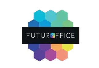 Un logotipo de oficina del futuro con hexágonos de colores sobre un fondo blanco.