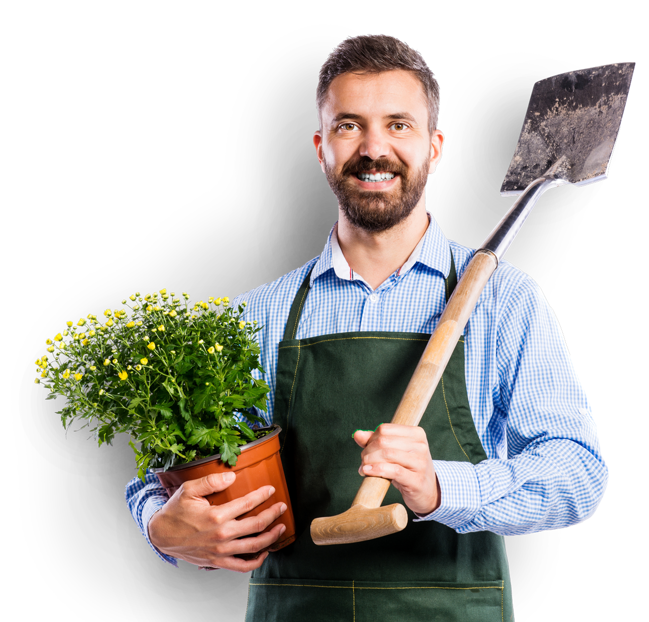 Un jardinier avec une pelle et un pot de plantes vertes