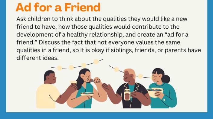 Un anuncio de un amigo pide a los niños que piensen en las cualidades que les gustaría que tuviera un nuevo amigo.