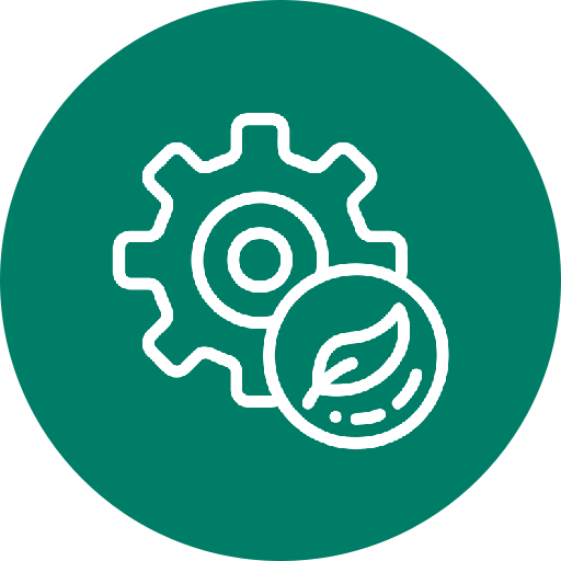 Weißes Zahnradsymbol mit einem Blatt in einem Kreis auf türkisfarbenem Hintergrund.