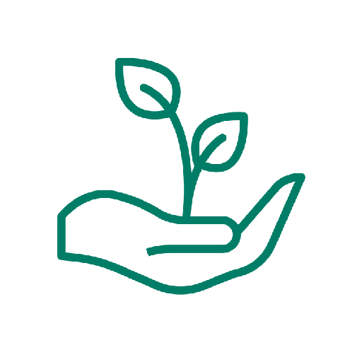 Grüne Umrisse einer Hand, die eine wachsende Pflanze mit zwei Blättern hält.