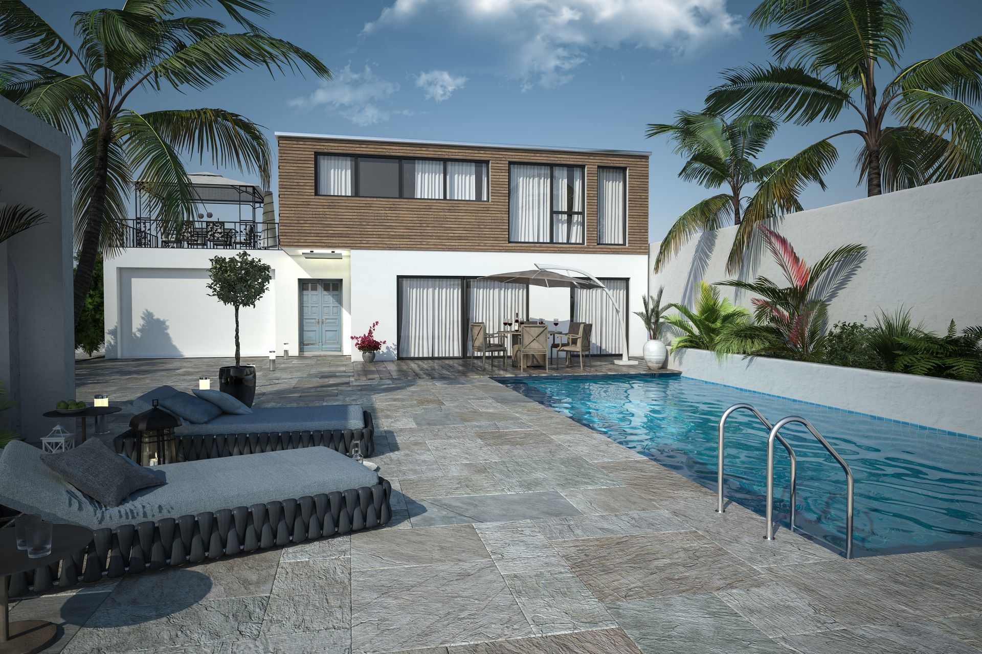 Maison moderne avec piscine et jardin paysagé.