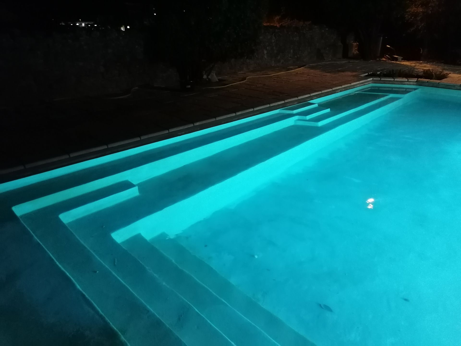Conception d'une piscine avec des marches et un éclairage de nuit.