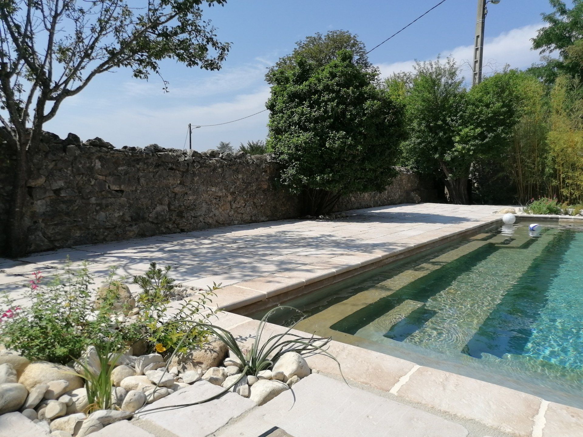 Patio en pierre avec un bassin peu profond, de la verdure et un mur en pierre.