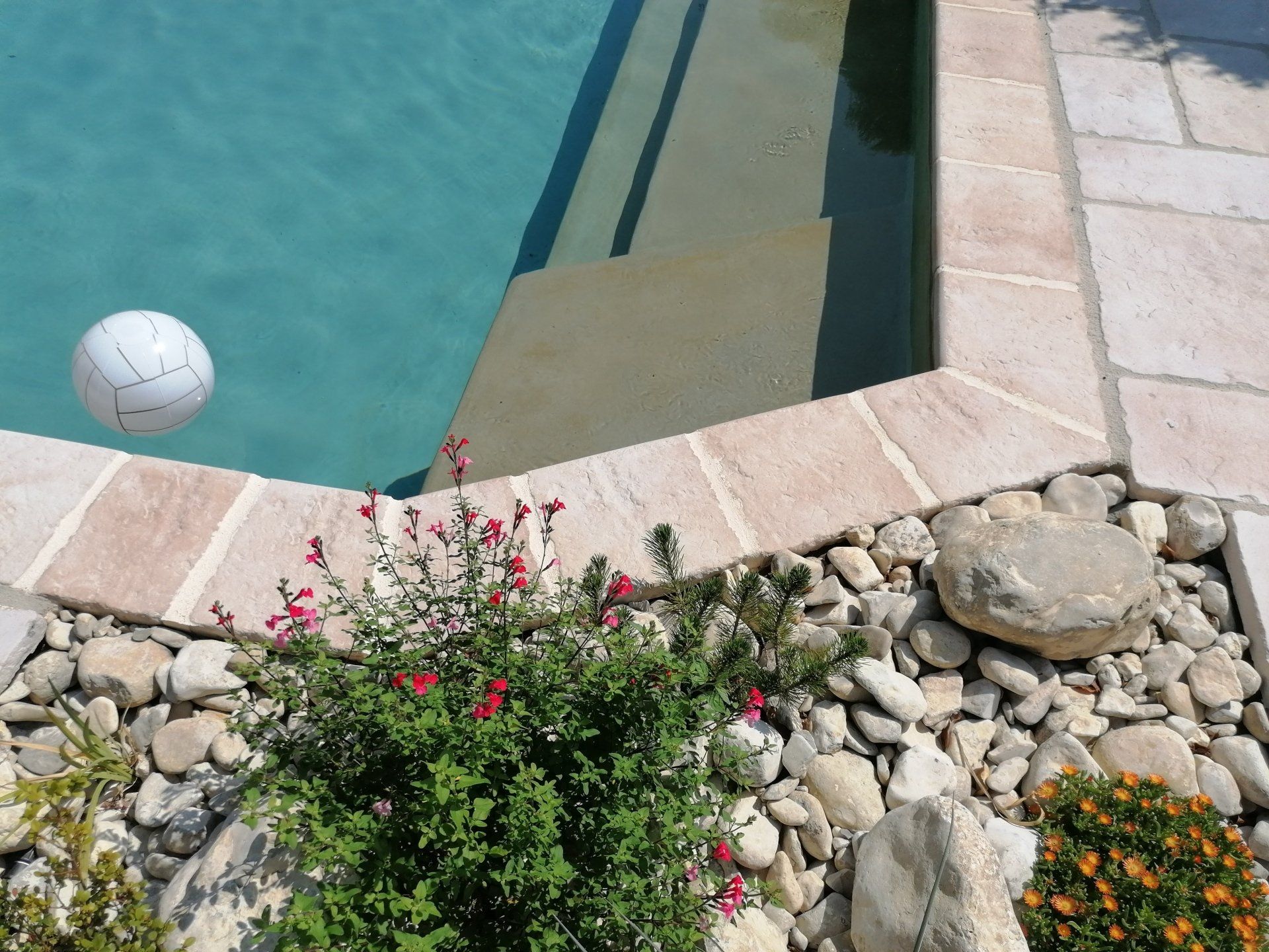 Conception de maçonnerie incluant un bord de piscine, un ballon de volley-ball de couleur blanche, un jardin en pierre et une eau cristalline.