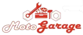 Logotipo para Moto Garage, que incluye una llave inglesa, una caja de herramientas, un martillo y tuercas, en rojo y blanco.