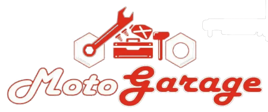 Logotipo para Moto Garage, que incluye una llave inglesa, una caja de herramientas, un martillo y tuercas, en rojo y blanco.