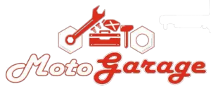 Logotipo para Moto Garage, que incluye una llave inglesa, una caja de herramientas, un martillo y tuercas, en rojo y blanco.