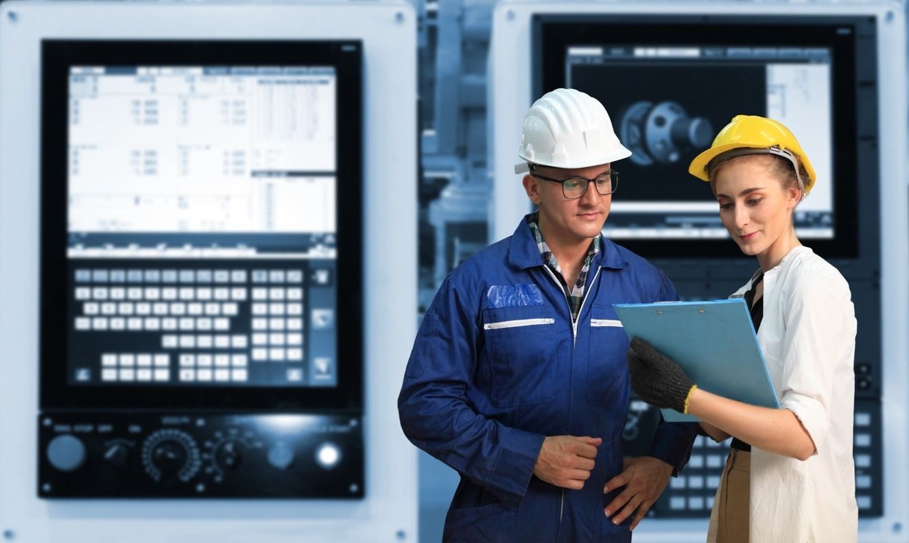 Un hombre y una mujer miran un portapapeles en una fábrica.