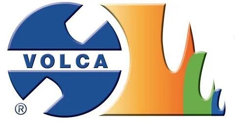 Un logotipo azul y naranja para Volca con AR en él.