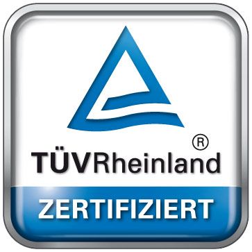 Ein blau-weißes Logo mit der Aufschrift „TüvRheinland zertifiziert“