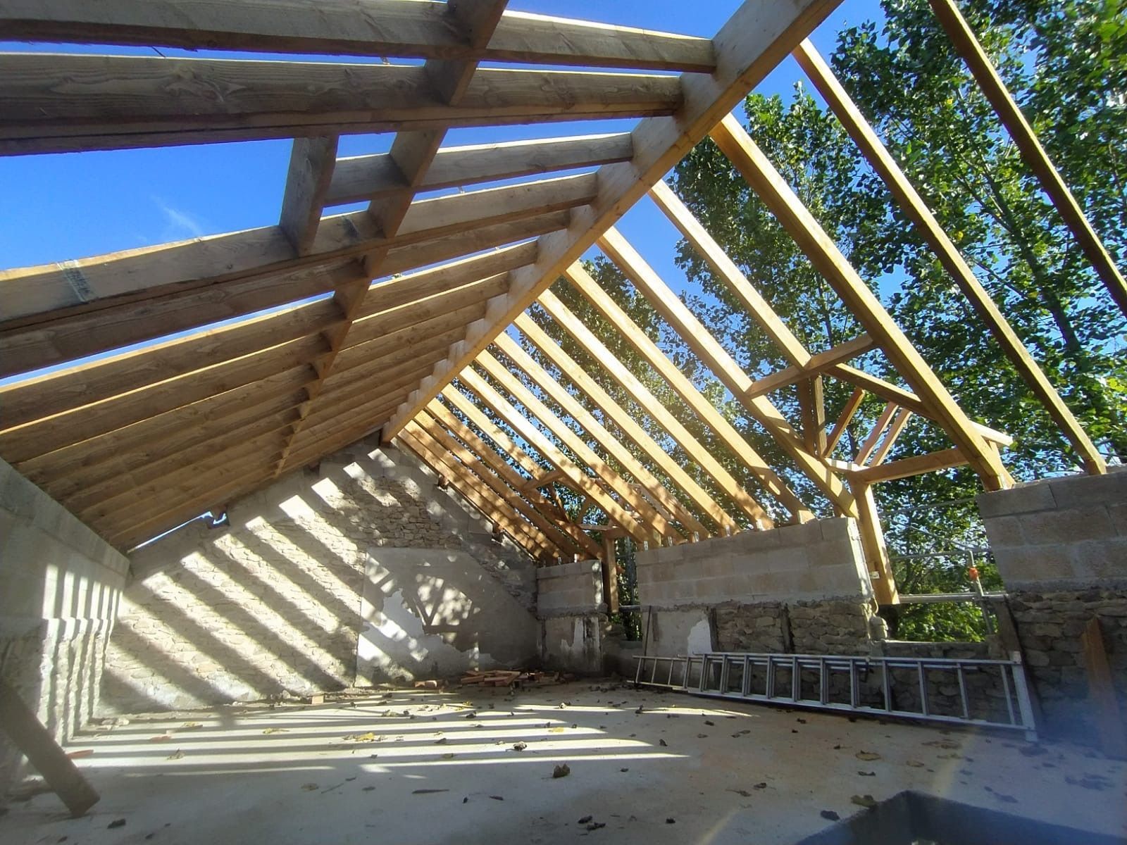 Charpente de toit en bois partiellement construite au-dessus d'un espace intérieur en béton.