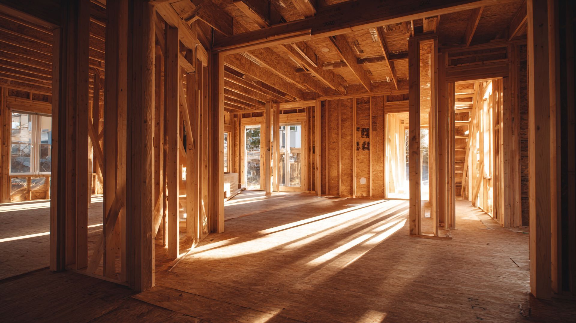 Intérieur en bois brut baigné de lumière naturelle, avec poutres, poteaux et encadrements de fenêtres apparents.