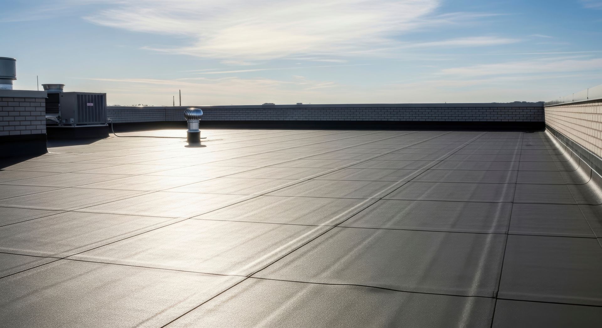 Toit plat recouvert d'une membrane imperméable et réfléchissante sous un ciel d'un bleu éclatant.