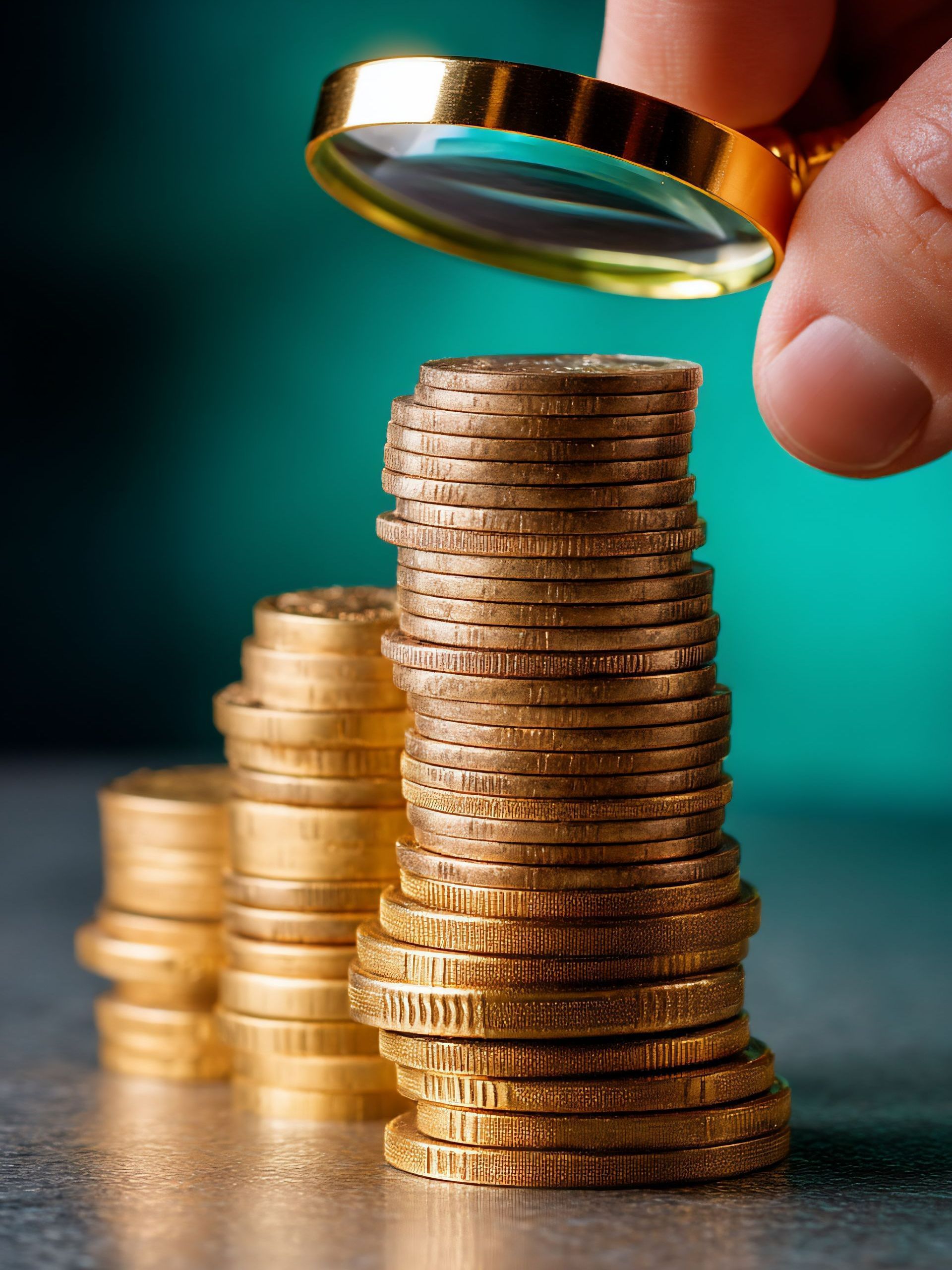 Une loupe au-dessus d'une pile de pièces en or