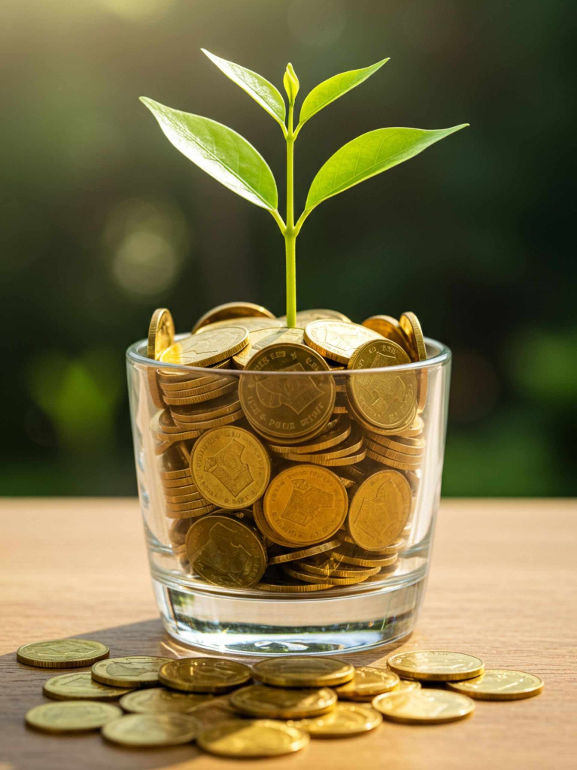 Un verre de pièces d'or et une pousse de plante