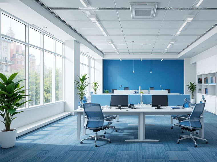 Un espace de bureau lumineux et moderne avec des bureaux blancs, des chaises de bureau bleues, un mur d'accent bleu et de grandes fenêtres laissant entrer la lumière naturelle.