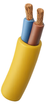 Un câble électrique à deux conducteurs avec une gaine extérieure jaune, laissant apparaître des fils de cuivre isolés bleu et brun.