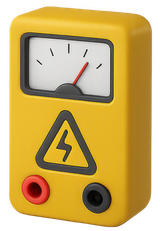 Un compteur électrique analogique jaune avec un symbole d'éclair, un cadran et des bornes d'entrée rouge et noire.