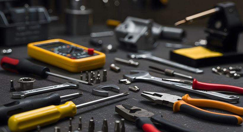 Divers outils, dont un multimètre, des tournevis, des clés et des pinces, sont disposés sur une surface sombre.