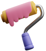 Un rouleau à peinture jaune avec une couche de peinture rose encore humide qui dégouline et un manche violet.