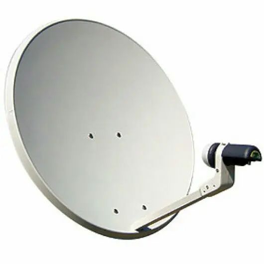 Una antena parabólica blanca con una antena negra adjunta.