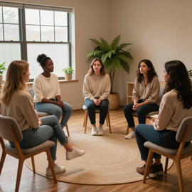 Pequeño grupo sentado en círculo durante una sesión de terapia en una habitación luminosa con plantas y una gran ventana.