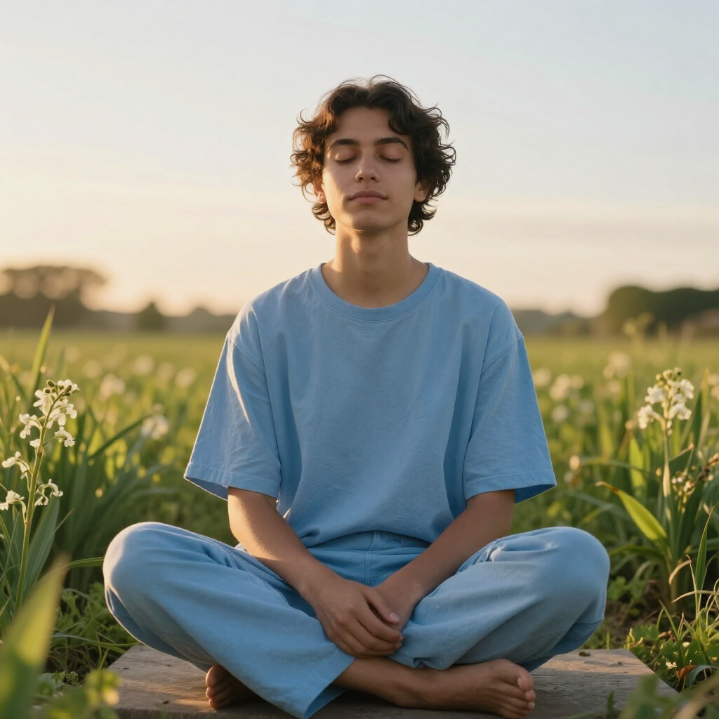 Una persona vestida con un atuendo azul claro está sentada con las piernas cruzadas meditando en un campo de hierba.